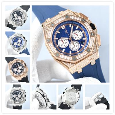 Replica Royal Oak Offshore Japan Quartz chronograph Movement Mens Watch Blue Dial Diamonds Case Rubber Strap A E229