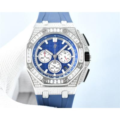 Replica Royal Oak Offshore Japan Quartz chronograph Movement Mens Watch Blue Dial Diamonds Case Rubber Strap A E229