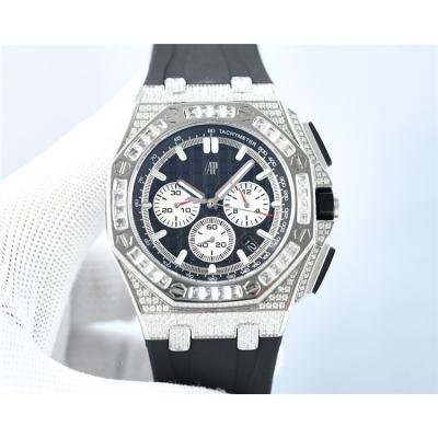 Replica Royal Oak Offshore Japan Quartz chronograph Movement Mens Watch Blue Dial Diamonds Case Rubber Strap A E229