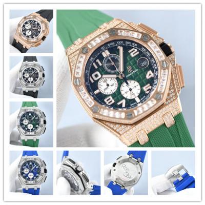 Replica Royal Oak Offshore Japan Quartz chronograph Movement Mens Watch Green Dial Diamonds Case Rubber Strap B E229