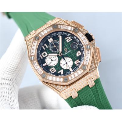 Replica Royal Oak Offshore Japan Quartz chronograph Movement Mens Watch Green Dial Diamonds Case Rubber Strap B E229