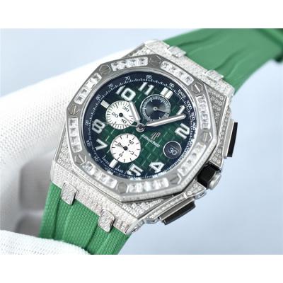 Replica Royal Oak Offshore Japan Quartz chronograph Movement Mens Watch Green Dial Diamonds Case Rubber Strap B E229