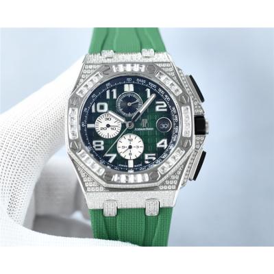 Replica Royal Oak Offshore Japan Quartz chronograph Movement Mens Watch Green Dial Diamonds Case Rubber Strap B E229