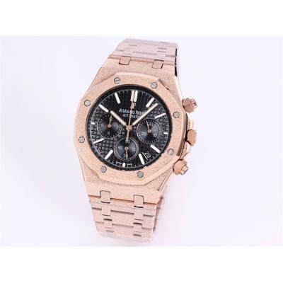 Replica Royal Oak Japan Quartz chronograph Movement Mens Watch Black Dial Frost Rose Gold B A27