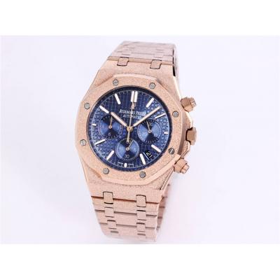 Replica Royal Oak Japan Quartz chronograph Movement Mens Watch Black Dial Frost Rose Gold B A27