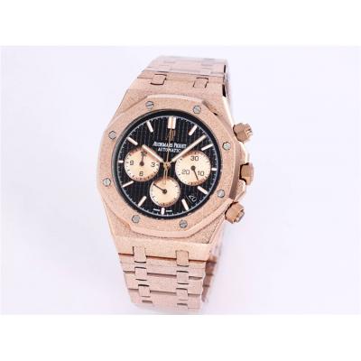 Replica Royal Oak Japan Quartz chronograph Movement Mens Watch Black Dial Frost Rose Gold B A27