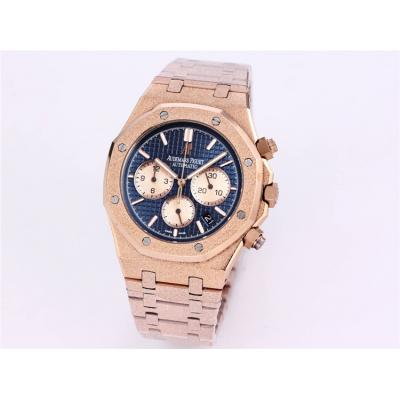 Replica Royal Oak Japan Quartz chronograph Movement Mens Watch Black Dial Frost Rose Gold B A27