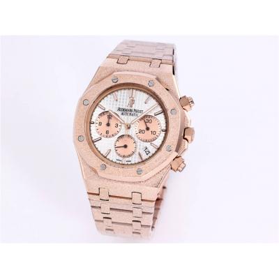 Replica Royal Oak Japan Quartz chronograph Movement Mens Watch Black Dial Frost Rose Gold B A27