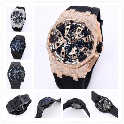 Replica Royal Oak Offshore Japan Quartz chronograph Movement Mens Watch Black Dial Diamonds Case Rubber Strap A28