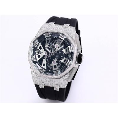 Replica Royal Oak Offshore Japan Quartz chronograph Movement Mens Watch Black Dial Diamonds Case Rubber Strap A28