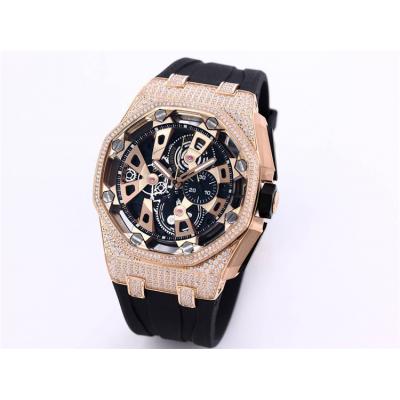 Replica Royal Oak Offshore Japan Quartz chronograph Movement Mens Watch Black Dial Diamonds Case Rubber Strap A28