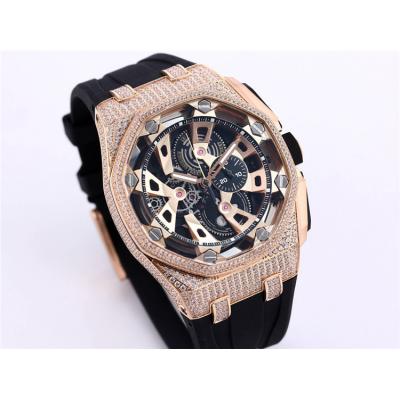 Replica Royal Oak Offshore Japan Quartz chronograph Movement Mens Watch Black Dial Diamonds Case Rubber Strap A28