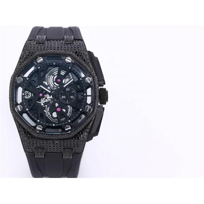 Replica Royal Oak Offshore Japan Quartz chronograph Movement Mens Watch Black Dial Diamonds Case Rubber Strap A28