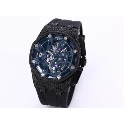 Replica Royal Oak Offshore Japan Quartz chronograph Movement Mens Watch Black Dial Diamonds Case Rubber Strap A28