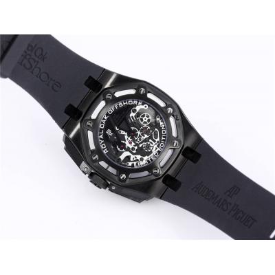 Replica Royal Oak Offshore Japan Quartz chronograph Movement Mens Watch Black Dial Diamonds Case Rubber Strap A28