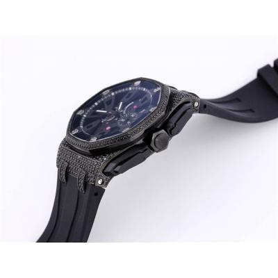 Replica Royal Oak Offshore Japan Quartz chronograph Movement Mens Watch Black Dial Diamonds Case Rubber Strap A28