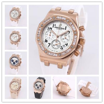 Replica Royal Oak Offshore Japan Quartz chronograph Movement Womens Watch White Dial Diamonds Case Rubber Strap B A32