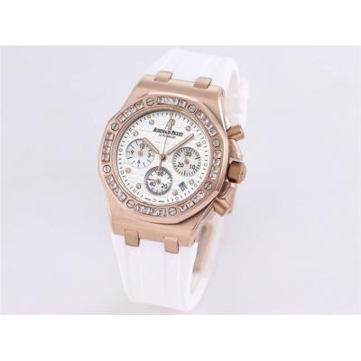 Replica Royal Oak Offshore Japan Quartz chronograph Movement Womens Watch White Dial Diamonds Case Rubber Strap B A32