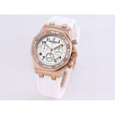 Replica Royal Oak Offshore Japan Quartz chronograph Movement Womens Watch White Dial Diamonds Case Rubber Strap B A32