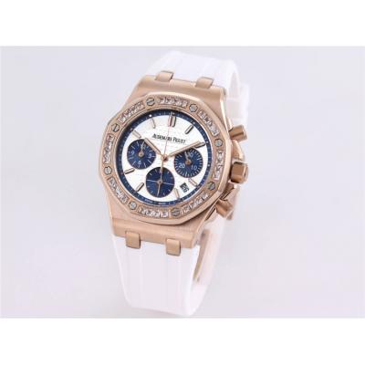 Replica Royal Oak Offshore Japan Quartz chronograph Movement Womens Watch White Dial Diamonds Case Rubber Strap B A32