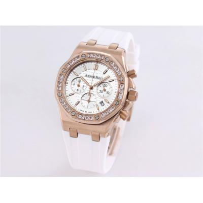 Replica Royal Oak Offshore Japan Quartz chronograph Movement Womens Watch White Dial Diamonds Case Rubber Strap B A32