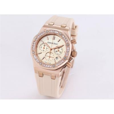 Replica Royal Oak Offshore Japan Quartz chronograph Movement Womens Watch White Dial Diamonds Case Rubber Strap B A32