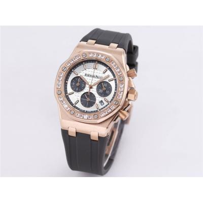 Replica Royal Oak Offshore Japan Quartz chronograph Movement Womens Watch White Dial Diamonds Case Rubber Strap B A32