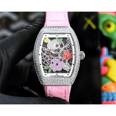 Replica Vanguard Swiss Quartz Movement Womens Watch Skeleton Dial Diamonds Case Leather Strap A E248