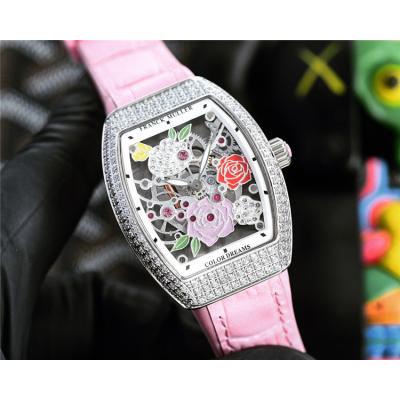 Replica Vanguard Swiss Quartz Movement Womens Watch Skeleton Dial Diamonds Case Leather Strap A E248