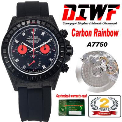 Daytona A7750 Automatic Chronograph Ladies Watch Best Editon DIWF Carbon Rainbow Diamond Bezel Black Dial Rubber Strap