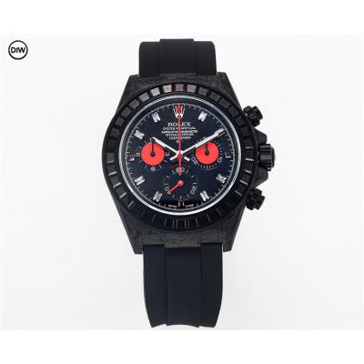 Daytona A7750 Automatic Chronograph Ladies Watch Best Editon DIWF Carbon Rainbow Diamond Bezel Black Dial Rubber Strap