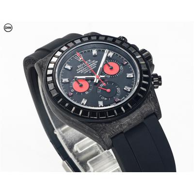 Daytona A7750 Automatic Chronograph Ladies Watch Best Editon DIWF Carbon Rainbow Diamond Bezel Black Dial Rubber Strap