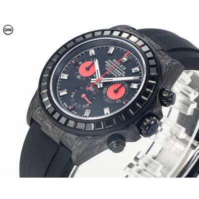 Daytona A7750 Automatic Chronograph Ladies Watch Best Editon DIWF Carbon Rainbow Diamond Bezel Black Dial Rubber Strap