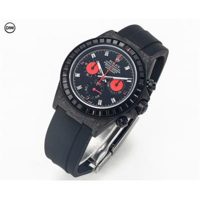 Daytona A7750 Automatic Chronograph Ladies Watch Best Editon DIWF Carbon Rainbow Diamond Bezel Black Dial Rubber Strap