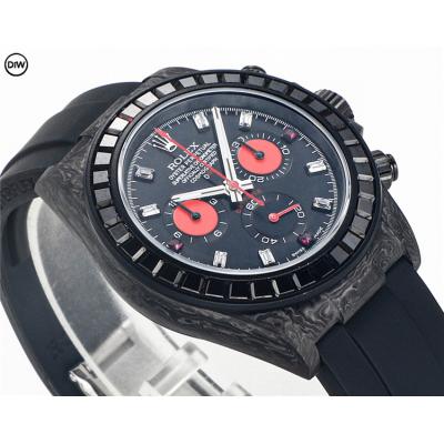 Daytona A7750 Automatic Chronograph Ladies Watch Best Editon DIWF Carbon Rainbow Diamond Bezel Black Dial Rubber Strap