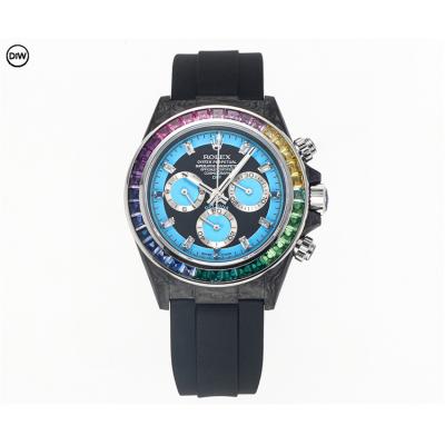 Daytona A7750 Automatic Chronograph Ladies Watch Best Editon DIWF Carbon Rainbow Diamond Bezel Blue Dial Rubber Strap