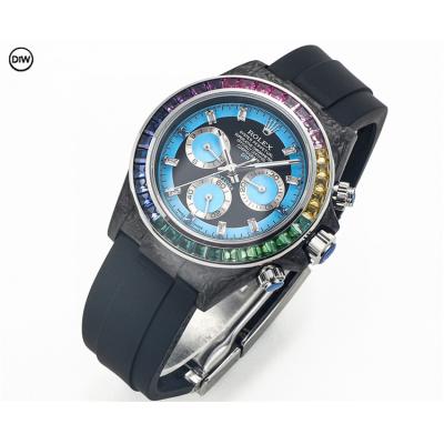 Daytona A7750 Automatic Chronograph Ladies Watch Best Editon DIWF Carbon Rainbow Diamond Bezel Blue Dial Rubber Strap