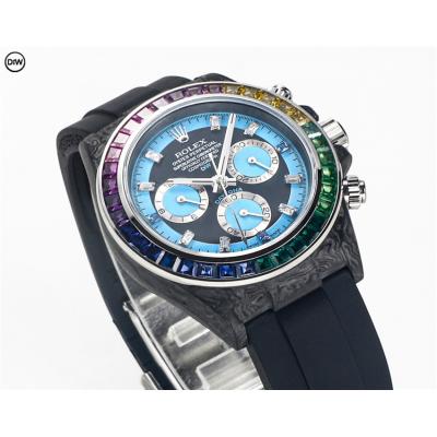 Daytona A7750 Automatic Chronograph Ladies Watch Best Editon DIWF Carbon Rainbow Diamond Bezel Blue Dial Rubber Strap