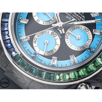 Daytona A7750 Automatic Chronograph Ladies Watch Best Editon DIWF Carbon Rainbow Diamond Bezel Blue Dial Rubber Strap