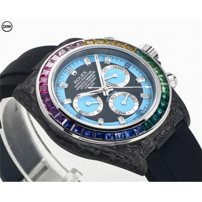 Daytona A7750 Automatic Chronograph Ladies Watch Best Editon DIWF Carbon Rainbow Diamond Bezel Blue Dial Rubber Strap