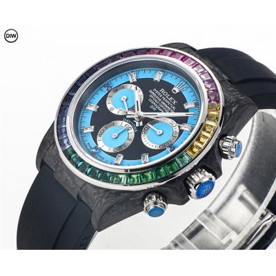 Daytona A7750 Automatic Chronograph Ladies Watch Best Editon DIWF Carbon Rainbow Diamond Bezel Blue Dial Rubber Strap