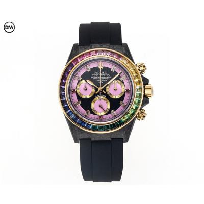 Daytona A7750 Automatic Chronograph Ladies Watch Best Editon DIWF Carbon Rainbow Diamond Black Pink Dial Rubber Strap