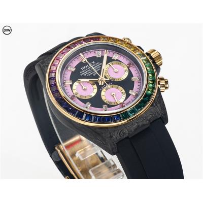 Daytona A7750 Automatic Chronograph Ladies Watch Best Editon DIWF Carbon Rainbow Diamond Black Pink Dial Rubber Strap