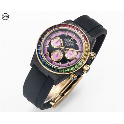 Daytona A7750 Automatic Chronograph Ladies Watch Best Editon DIWF Carbon Rainbow Diamond Black Pink Dial Rubber Strap