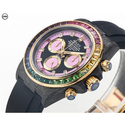 Daytona A7750 Automatic Chronograph Ladies Watch Best Editon DIWF Carbon Rainbow Diamond Black Pink Dial Rubber Strap