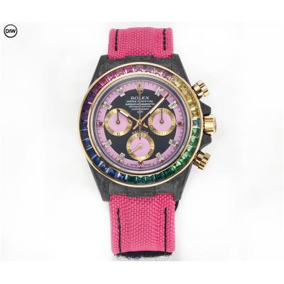 Daytona A7750 Automatic Chronograph Ladies Watch Best Editon DIWF Carbon Rainbow Diamond Black Dial Pink Nylon