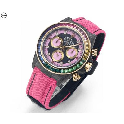 Daytona A7750 Automatic Chronograph Ladies Watch Best Editon DIWF Carbon Rainbow Diamond Black Dial Pink Nylon