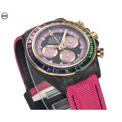 Daytona A7750 Automatic Chronograph Ladies Watch Best Editon DIWF Carbon Rainbow Diamond Black Dial Pink Nylon