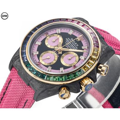 Daytona A7750 Automatic Chronograph Ladies Watch Best Editon DIWF Carbon Rainbow Diamond Black Dial Pink Nylon