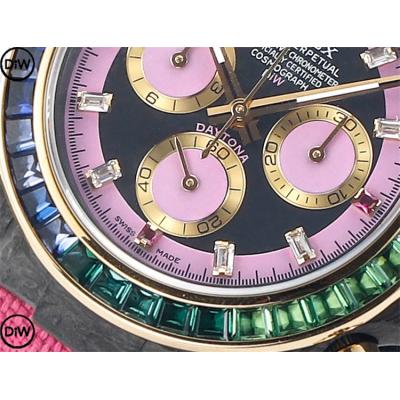 Daytona A7750 Automatic Chronograph Ladies Watch Best Editon DIWF Carbon Rainbow Diamond Black Dial Pink Nylon